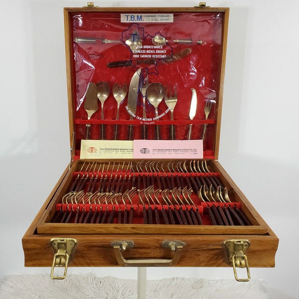 142 Pieces Mid Century Thai Flatware Set - Bronze and Rosewood - Service for 12 (near) and Serving Pieces - with Case and Paperwork