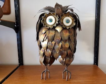 Vintage Torch Cut Owl Sculpture in Brass - C Jere Era - Unsigned - Brutalist Metal Owl Sculpture