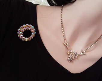 Vintage 1950s Goldtone and Rhinestone Brooch and Necklace Set - Choker - Aurora Borealis Style