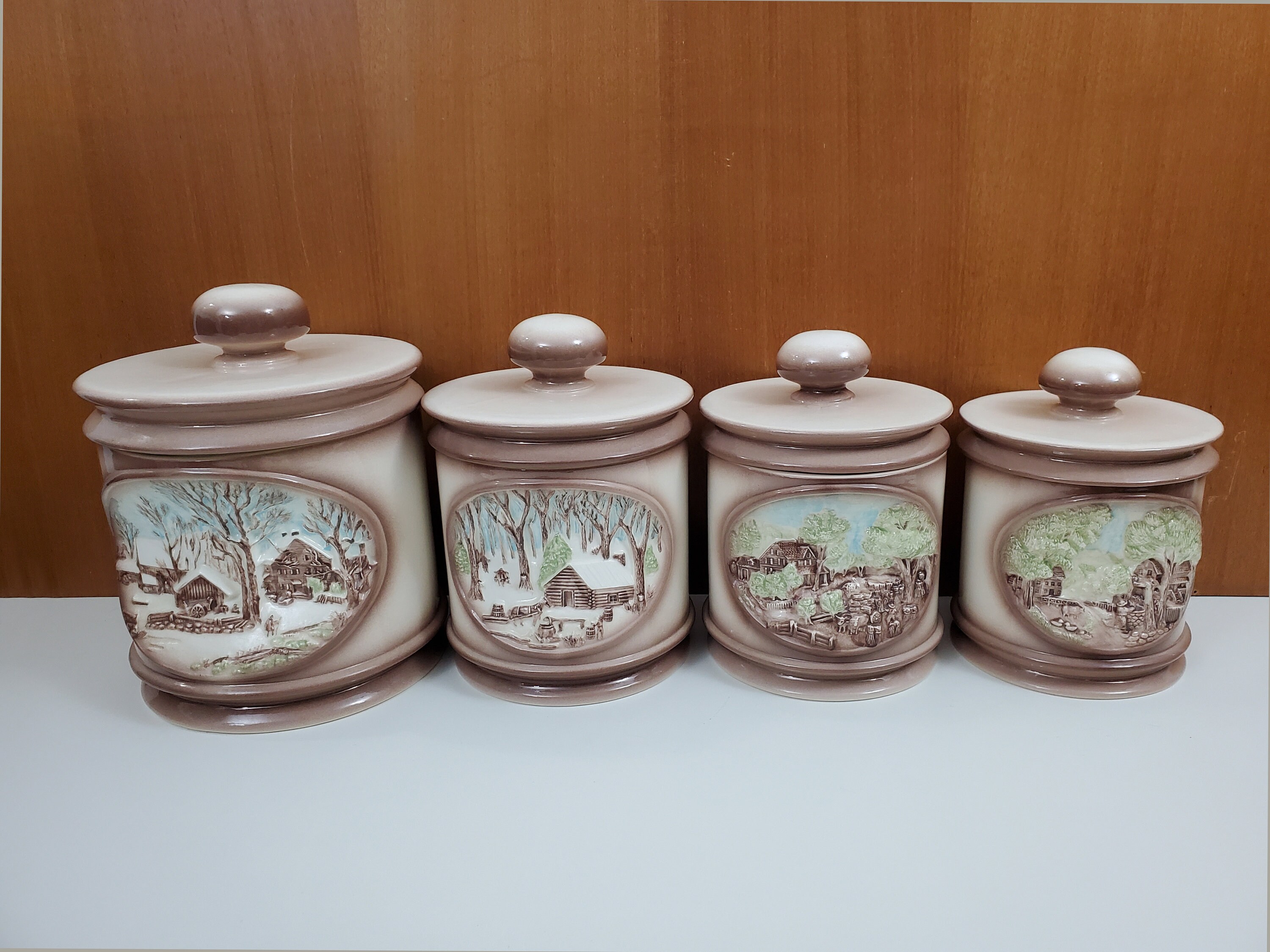 アンティーク雑貨 Ceramic handmade Canister Vintage Ceramic Canister Set Of 3 With Fruits & Basket weave
