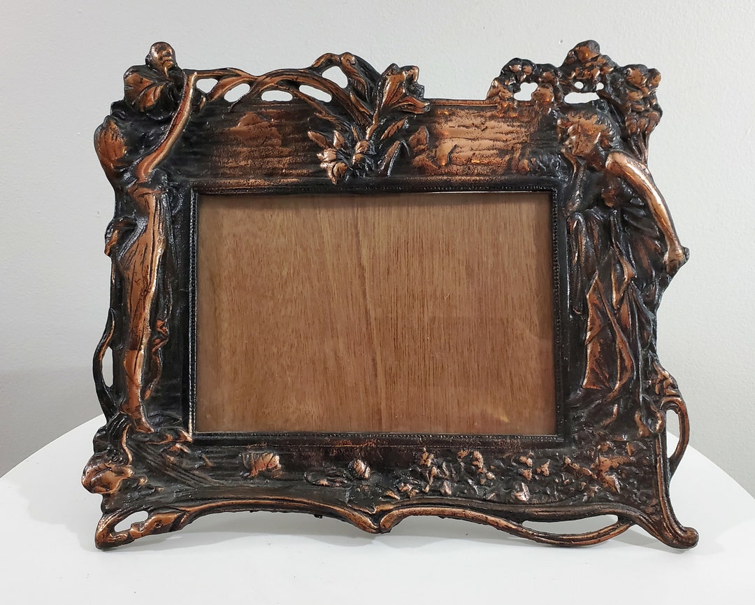 Cast Iron Neo Art Nouveau Picture Frame With Copper Highlights and