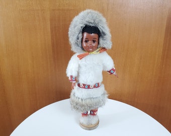 Vintage Inuit Fur Doll – Sleepy Eyes, Floral Trim