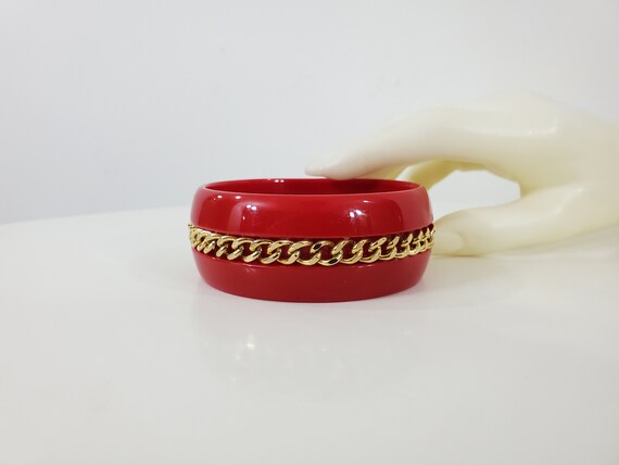 Vintage Red Lucite Bangle with Gold Chain - 2 5/8… - image 4