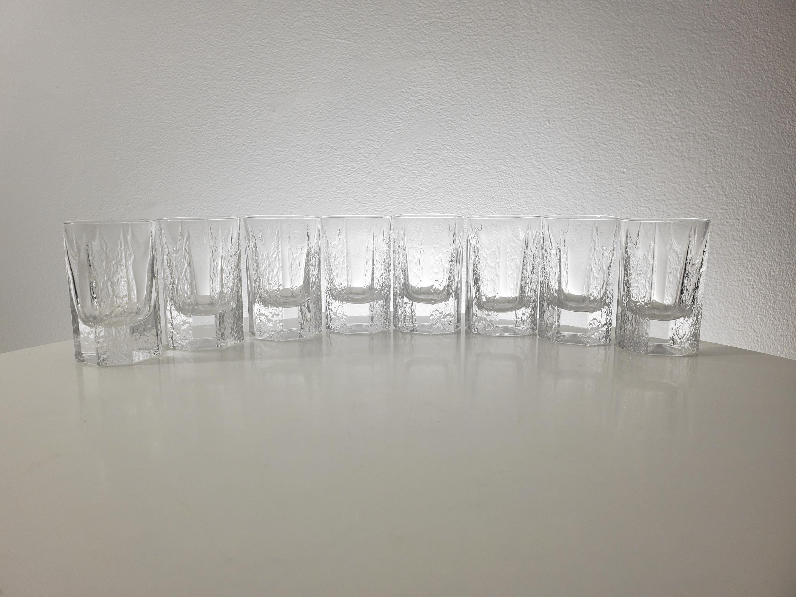 Set of 8 Vintage Iittala Kalinka Shot Glasses - Timo Sarpaneva, 1977 - Ice or Bark Texture - 8-sided - Scandinavian Glass