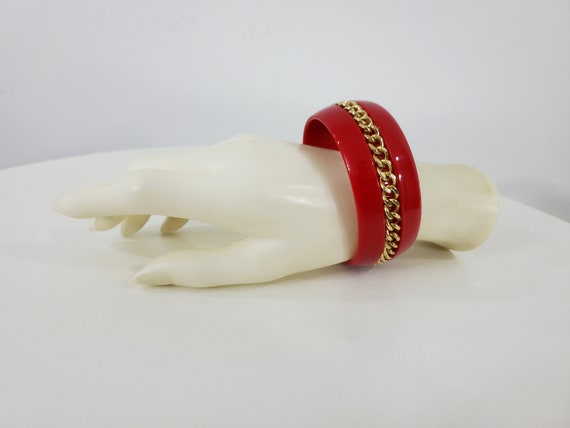 Vintage Red Lucite Bangle with Gold Chain - 2 5/8… - image 2