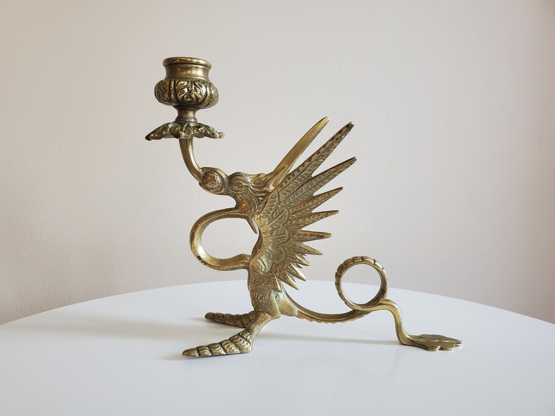Vintage Brass Dragon Candle Holder Unpolished 8 Inches Long by 7 Inches