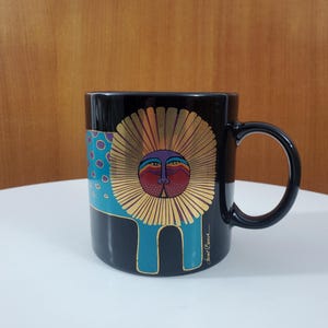 Vintage Laurel Burch Coffee Mug with Abstract Cat - Turquoise, Gold and Black