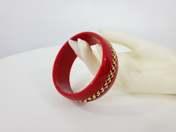 Vintage Red Lucite Bangle with Gold Chain - 2 5/8… - image 1