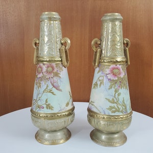 Pair Hand Painted Porcelain Vases - Royal Bonn, Unmarked - Gold Gilt - Early 20th Century