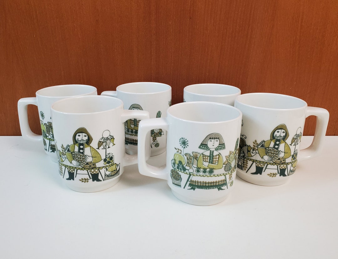 Set of 6 Coffee Mugs D Handle Market Pattern Turi Etsy