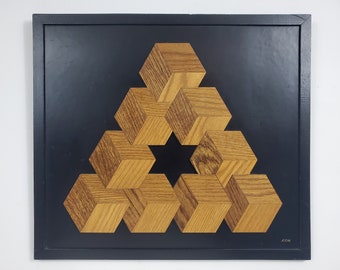 Vintage Penrose Triangle Marquetry Panel - Inlaid Veneer Geometric Wall Art - Signed H.E./88