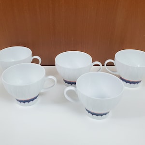 Set of 5 Mod Era Thomas Germany Porcelain Tea Cups in the Lanzette Pattern - Lancet - Orange, Teal, Purple on White - NO SAUCERS