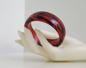 Hot Red Lucite Bangle - Applied Black Tiger Stripes - New Wave - Punk - Glossy - Red and Black Lucite - Gift for Girlfriend - Gift for Her