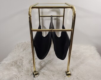 1980s Era Rolling Magazine Rack Side Table - Brass Plated and Glass