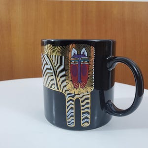 Vintage Laurel Burch Coffee Mug with Abstract Cat - White, Gold and Black