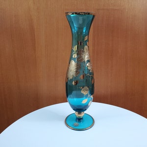 Vintage Bohemian Blue Glass Vase with Hand Painted Gold Flowers - Made in Czechoslovakia