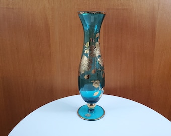 Vintage Bohemian Blue Glass Vase with Hand Painted Gold Flowers - Made in Czechoslovakia