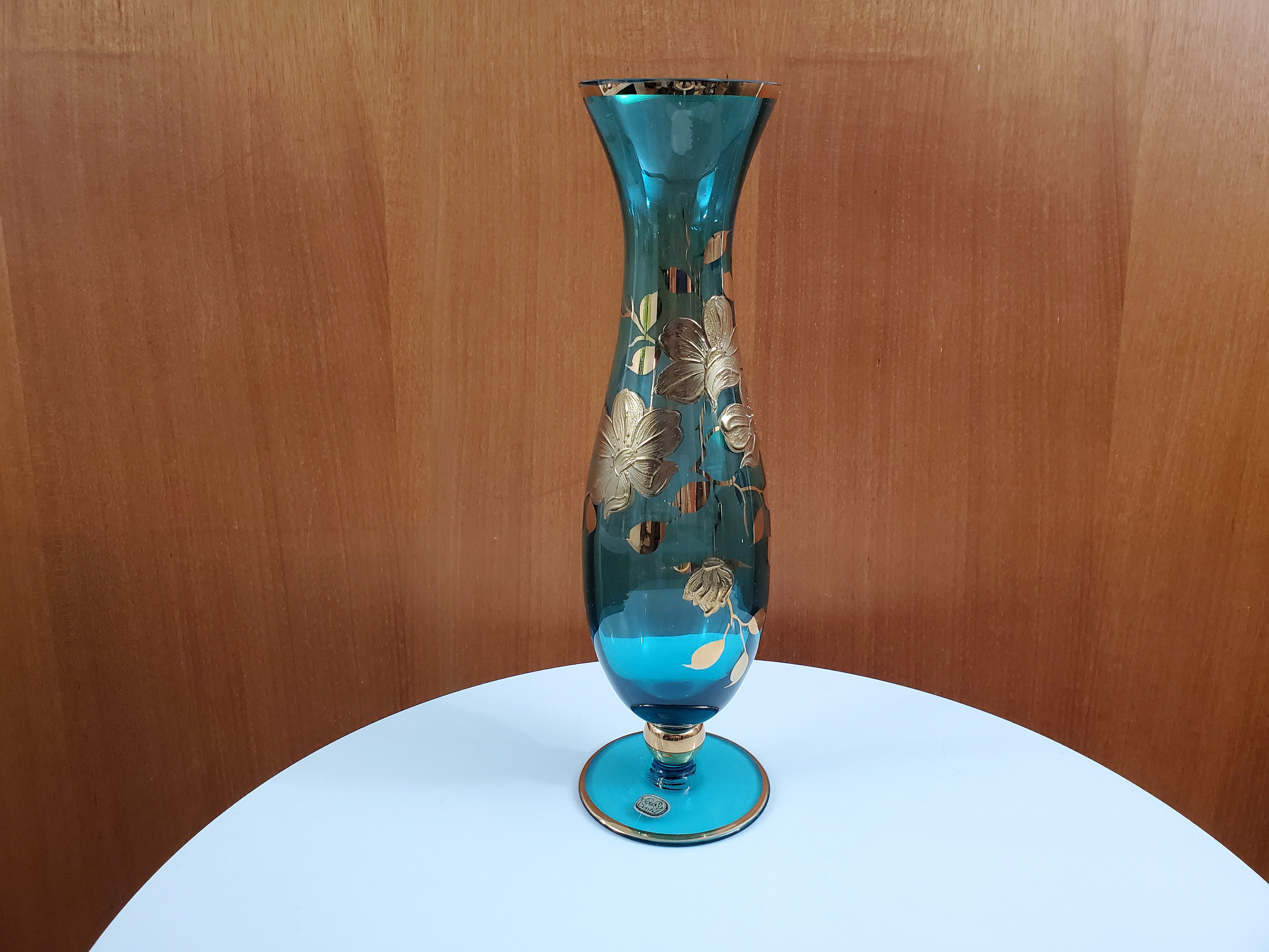 Vintage Bohemian Blue Glass Vase With Hand Painted Gold Flowers