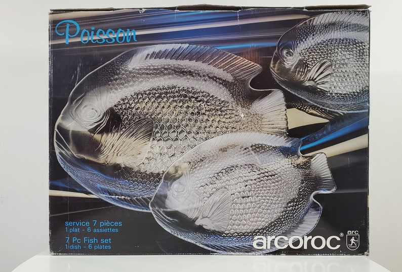 Vintage Arcoroc Poisson Series Fish Plates 6 Plates 1 Platter Original Box Www Arslan Av Tr