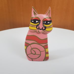 Hand Carved and Painted Wood Cat - Laurel Burch or Style Thereof - Pink, Red, Yellow - 4 1/4 Inches Tall