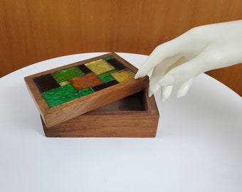 Signed George Briard Mosaic Box - 1960s - Orange, Green, Yellow - Teak