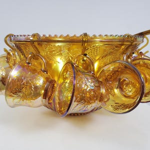 Vintage Indiana Glass Iridescent Gold Carnival Glass Punch Bowl - 12 Cups, 12 Hooks, Ladle - No Box - Harvest Pattern - Princess Punch Set