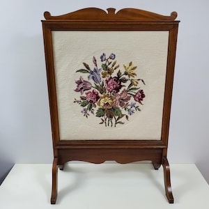 Antique Wood Fireplace Screen with Petite Point Floral Pattern - 33 1/2 Inches Tall, 23 1/2 Inches Wide