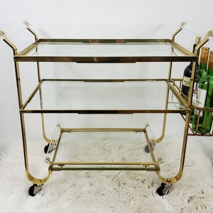 Art Deco Treitel-Gratz Serving Cart - Brass and Glass - Lucite Handles with Removable Tray and Removable Bottle Holder- Hollywood Regency