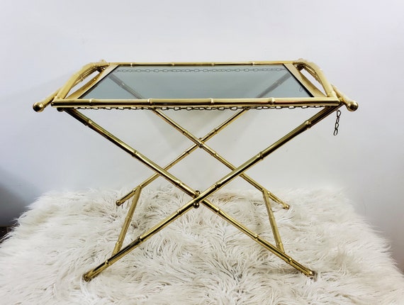 Hollywood Regency Faux Bamboo Brass and Glass Tray on Folding