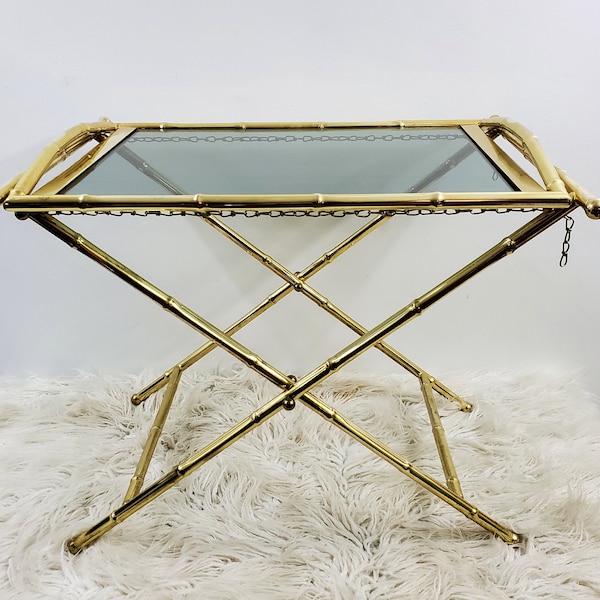 Hollywood Regency Faux Bamboo Brass and Glass Tray on Folding Stand - Butler Table