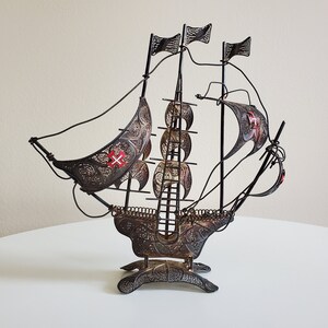 Vintage Silver Filigree Caravel Model with Enamel Order of Christ Crosses - 7 Inches Tall