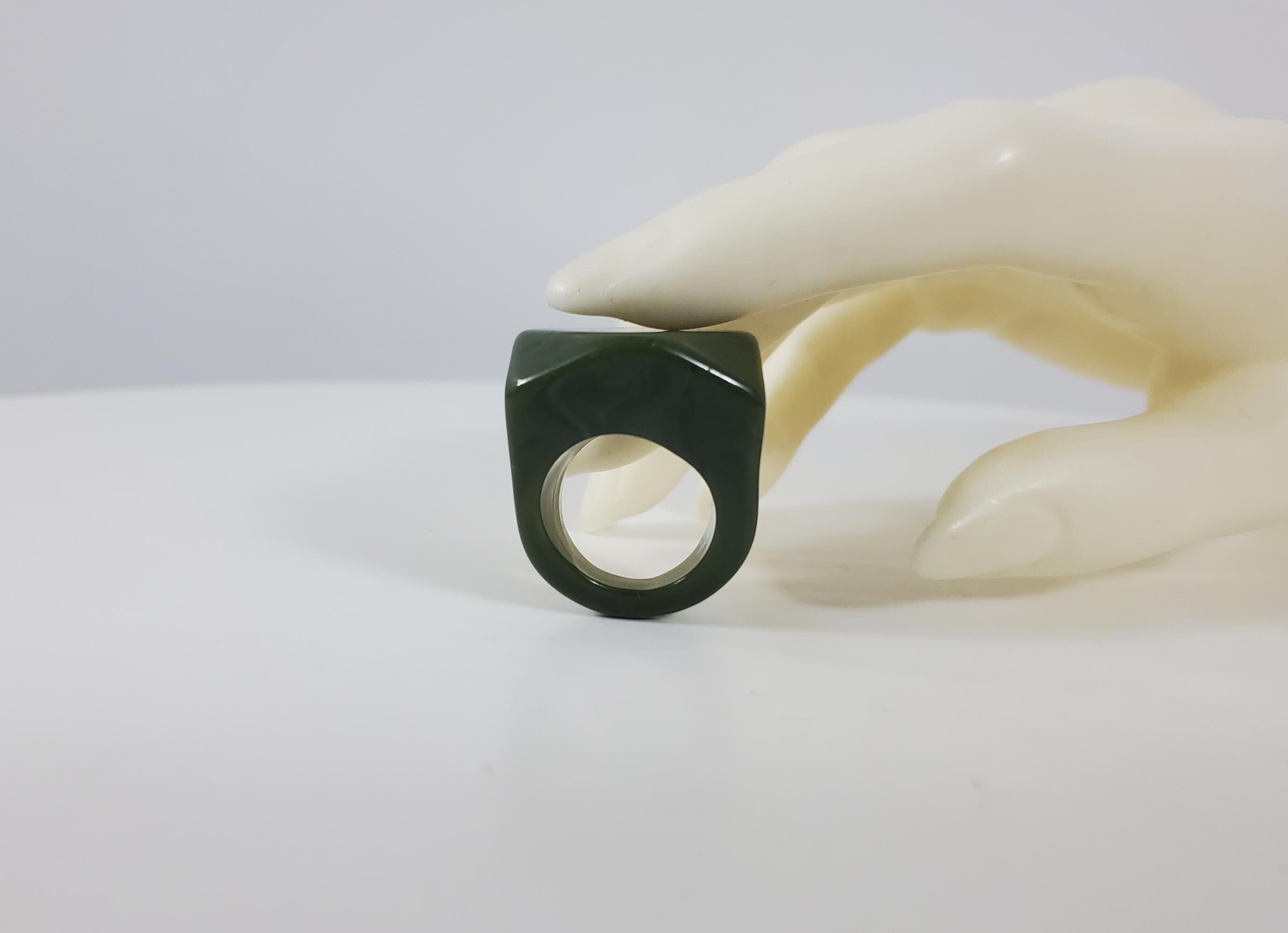 Vintage Chunky Green Lucite or Resin Ring - Diamond Shape Face - Size 6 1/2 - Large Mod Statement Ring