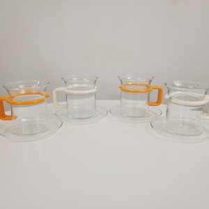 Set of 4 Vintage Bodum Demitasse Mugs with Saucers - 2 Yellow, 2 White