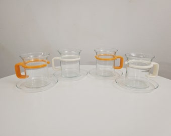 Set of 4 Vintage Bodum Demitasse Mugs with Saucers - 2 Yellow, 2 White