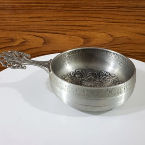Mid Century Eik Pewter Handled Bowl with Rosemaling Pattern and Elaborate Tree Handle - Norwegian Pewter