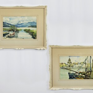 2 estampes aquarelles Mid-Century de Nicolas Markovitch - Cadres sculptés à la main - Scènes nautiques - Scène de montagne - Stehli Frères Editions, Zurich