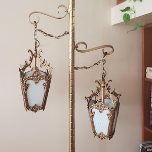 Vintage Brass Tension Pole Lamp with Neoclassic Venetian Gondola Style Lights - Hollywood Regency