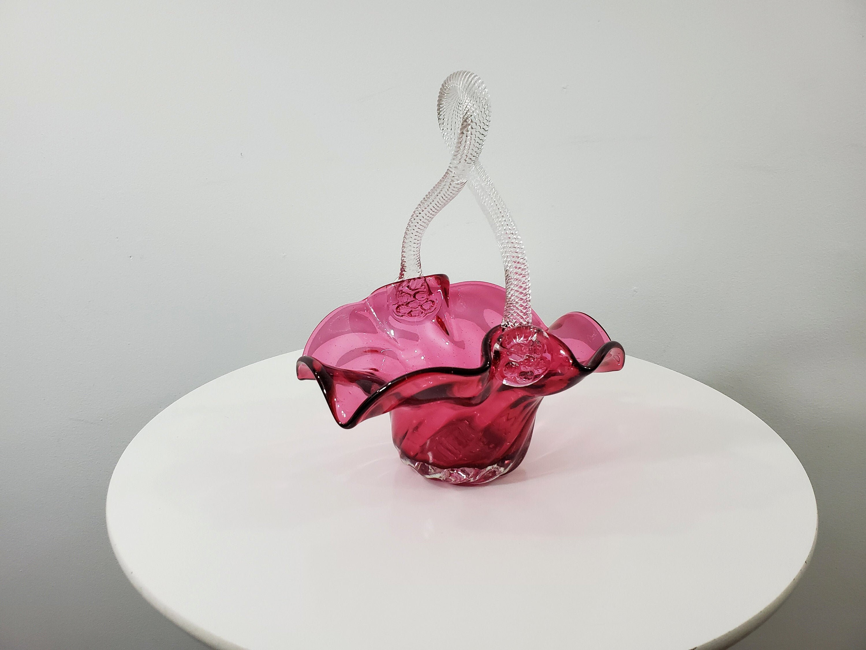 Vintage Cranberry Glass Basket With Rope Twist Handle Rossi Etsy