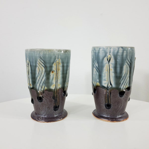 2 Hand Thrown Ceramic Cups by Parson Dietrich, Canada - Blue Ash Pattern