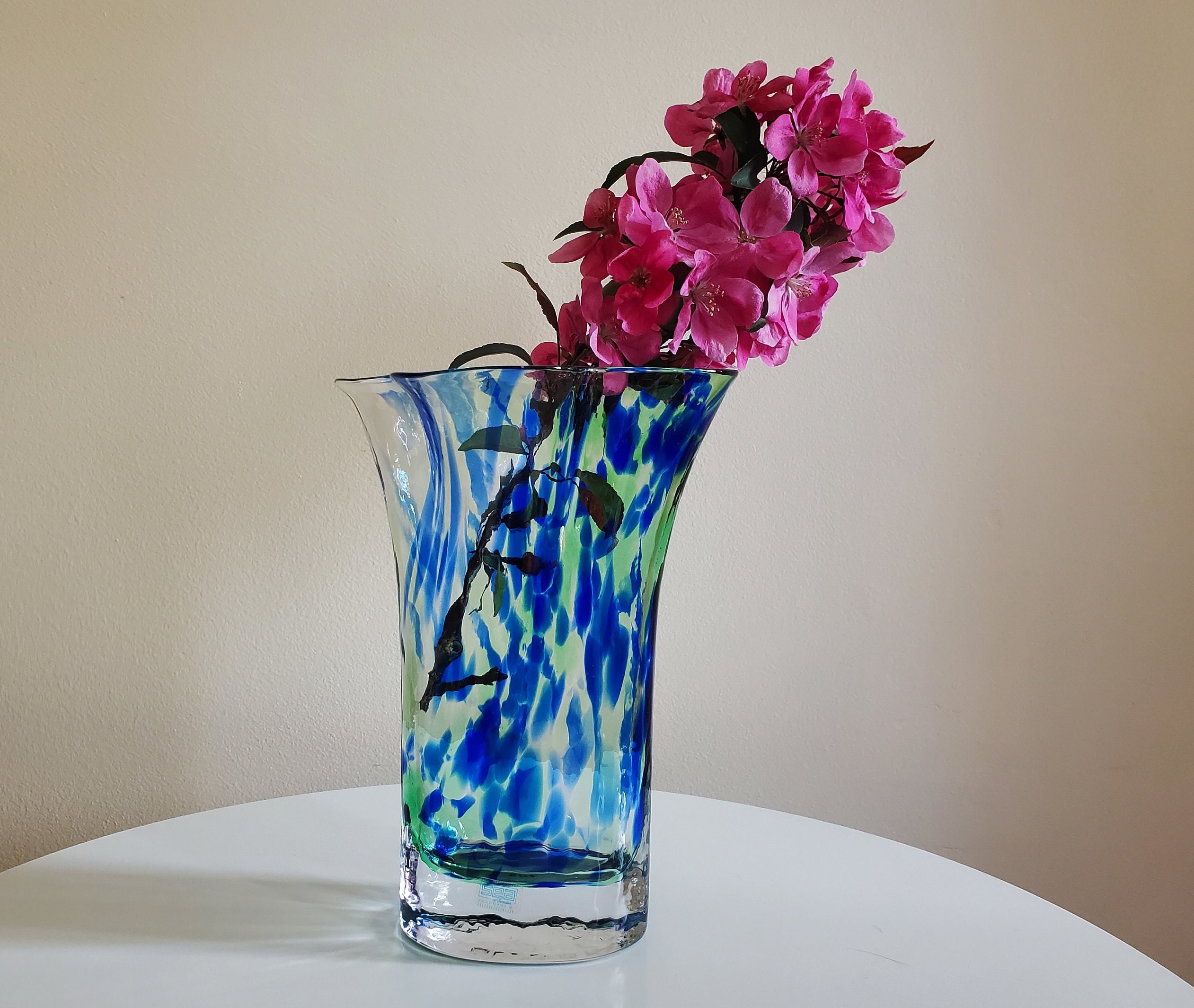 Vintage SEA Glasbruk Swedish Glass Vase, Renate Stock, Blue Green