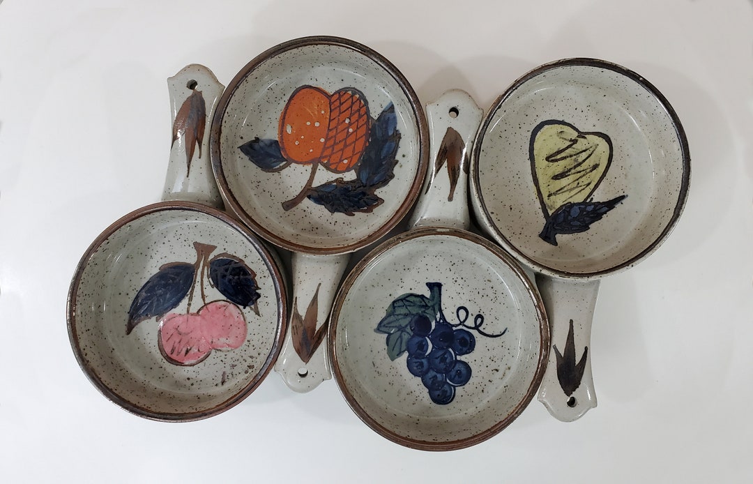 Set of 4 Ceramic Soup Bowls Hand Painted Fruit Pattern Stoneware