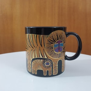 Vintage Laurel Burch Coffee Mug with Abstract Cat and Kitten - Gold and Black