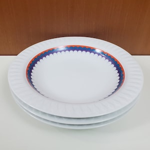 Set of 3 Mod Era Thomas Germany Porcelain Shallow Bowls in the Lanzette Pattern - Lancet - 8 1/2 Inch - Orange, Teal, Purple on White