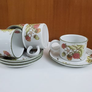 Set of 4 Midwinter Stonehenge Still Life Tea Cups and Saucers - Embossed Fruit Pattern