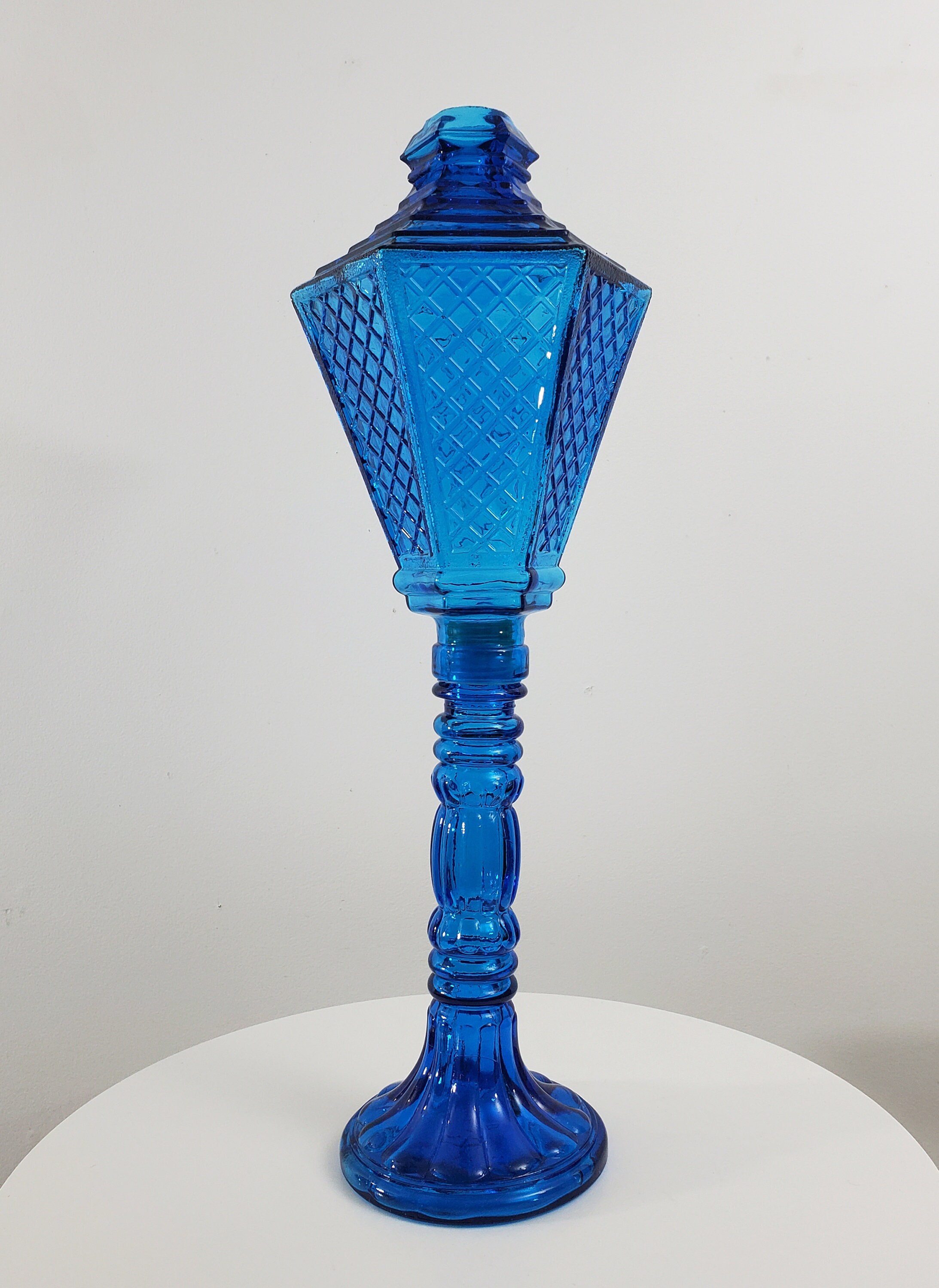 Vintage Italian Lamp Post Wine Decanter - Blue Glass With Rubber