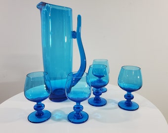 Vintage Blue Glass Pitcher with 5 Matching Pedestal Glasses - Hand Made