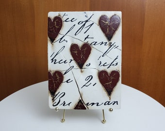 Vintage Sid Dickens Memory Block - T-01, "Red Hearts with Script" - Plaster and Wood Wall Tile - Floating hearts...