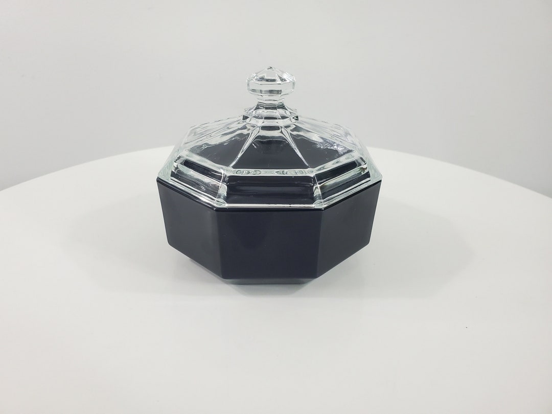 Vintage Octagonal Black Glass Sugar Bowl Arcoroc France Octime Arcopal
