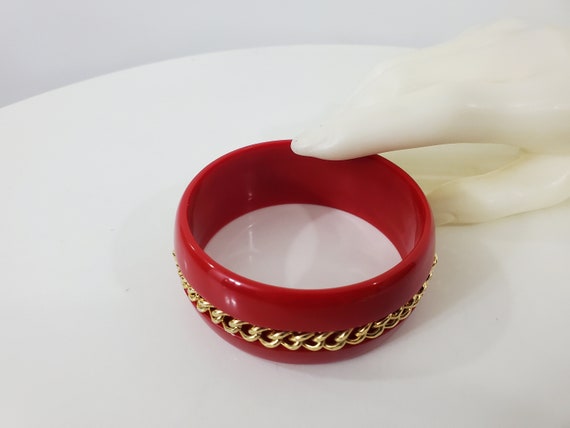 Vintage Red Lucite Bangle with Gold Chain - 2 5/8… - image 5