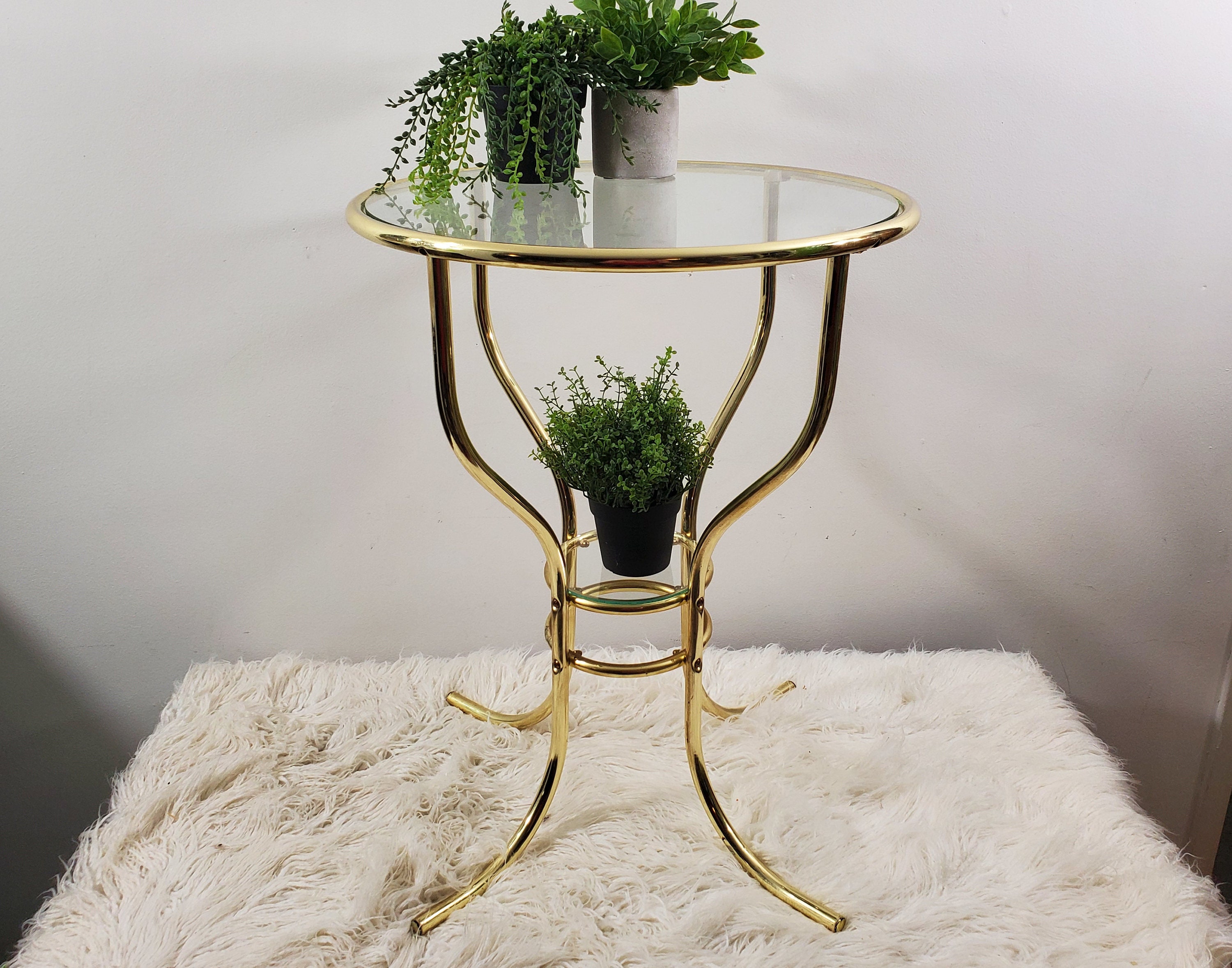 Vintage 80s Era Brass Plated Metal and Glass 2 Level Plant 